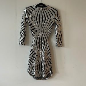 Vintage Custom backless silver sequin and mesh party dress